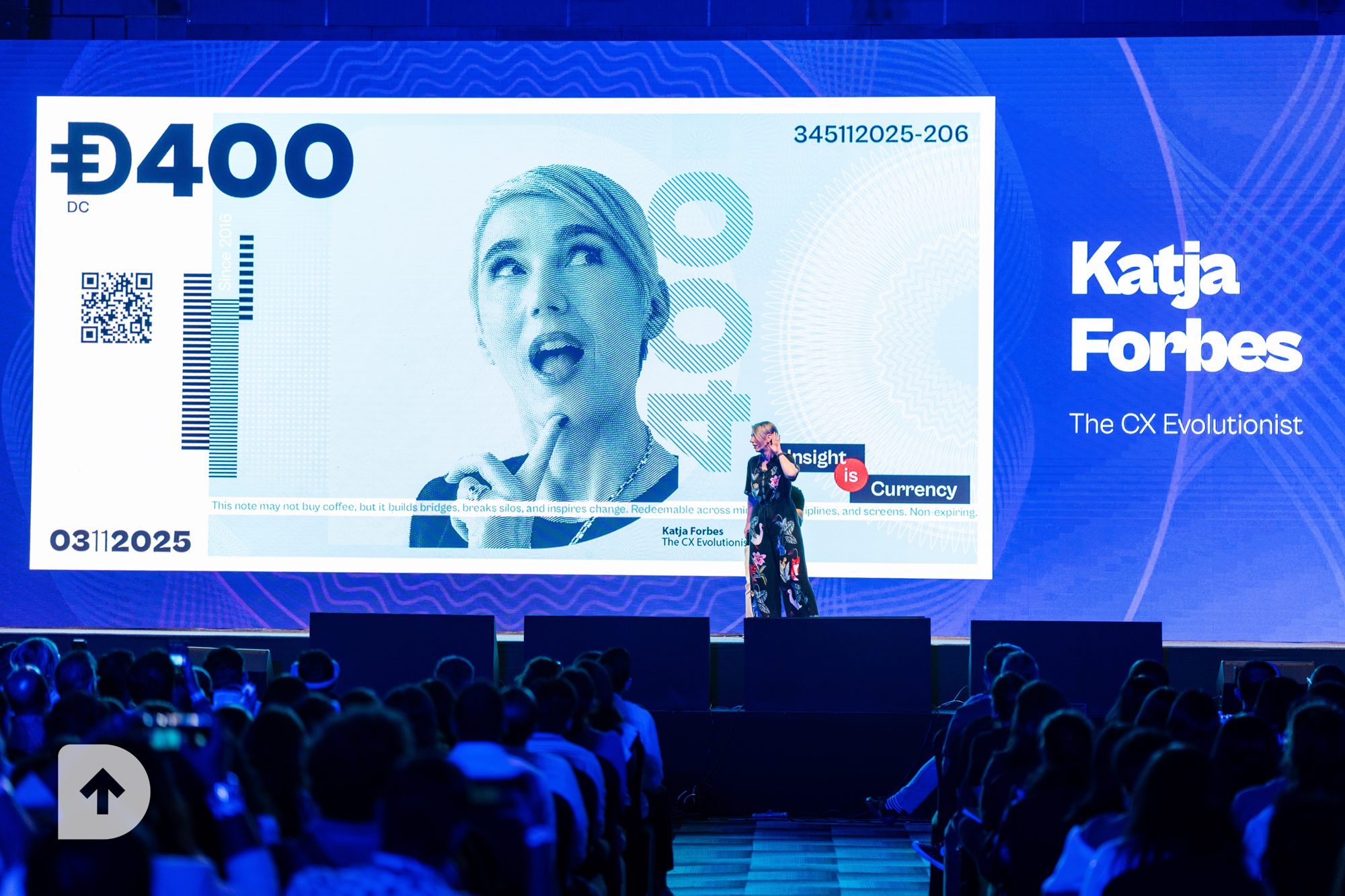 Katja Forbes on the DesignUp main stage before a packed audience